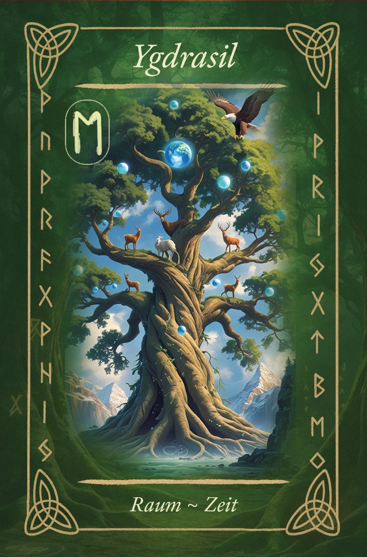ygdrasil Ein großer, lebendiger Baum mit leuchtenden Blättern, Tieren und einem mystischen Hintergrund.